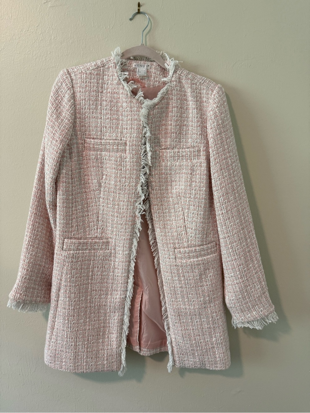 Venus Pink Tweed Fringe Open-Front Coat size 8